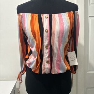 Striped Off-Shoulder Button-Down Top